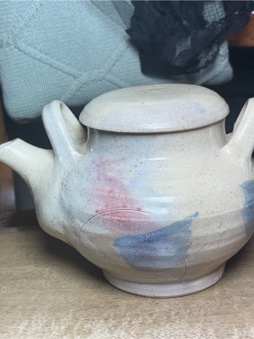 Handcrafted stoneware Ceramic Teapot in Cream with Blue and Pink Accents signed